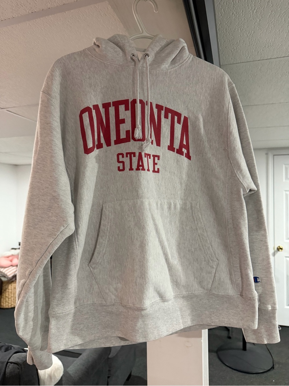 Champion Gray Hoodie with Red ONEONTA STATE Script